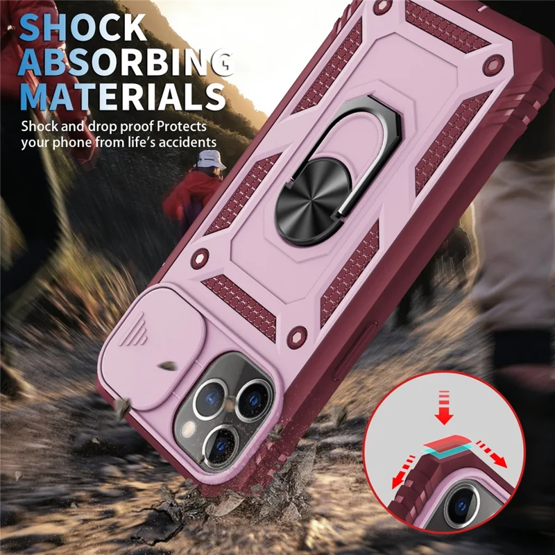 Kickstand Military Grade Drop Tested Hard PC Back + Soft TPU Edge Protective Case with Camera Lens Protector for iPhone 11 Pro Max 6.5 inch - Pink/Dark Red