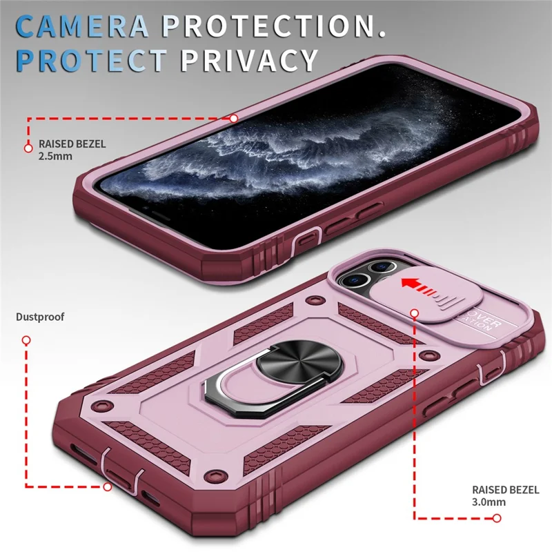 Kickstand Military Grade Drop Tested Hard PC Back + Soft TPU Edge Protective Case with Camera Lens Protector for iPhone 11 Pro Max 6.5 inch - Pink/Dark Red