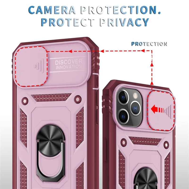 Kickstand Military Grade Drop Tested Hard PC Back + Soft TPU Edge Protective Case with Camera Lens Protector for iPhone 11 Pro Max 6.5 inch - Pink/Dark Red