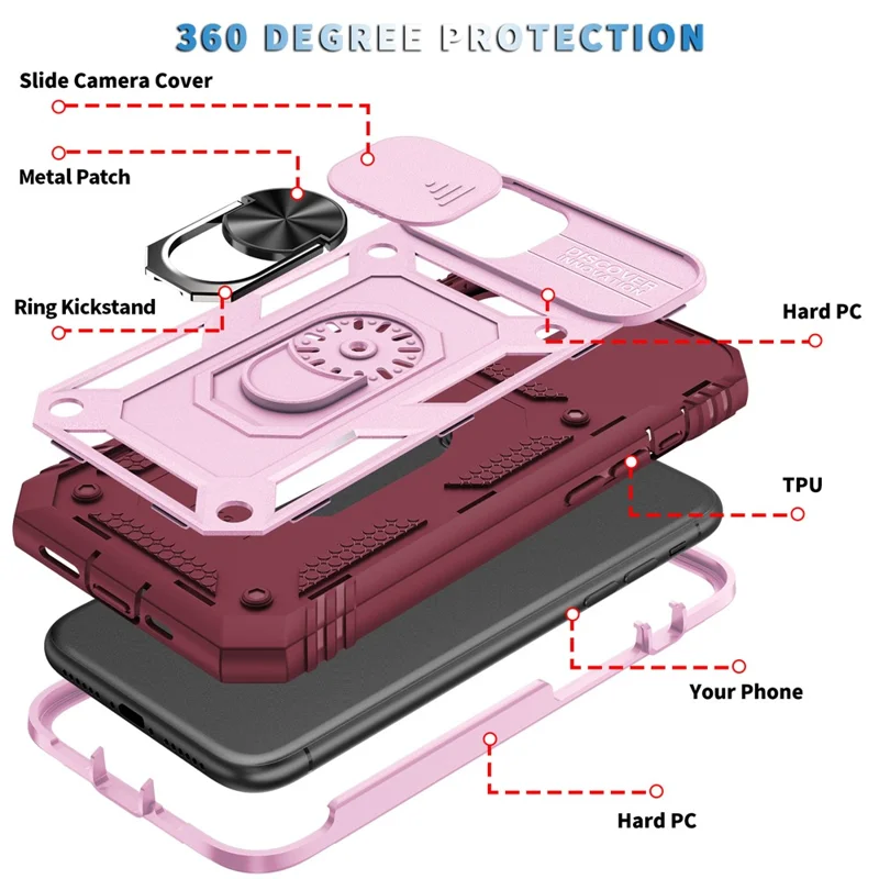 Kickstand Military Grade Drop Tested Hard PC Back + Soft TPU Edge Protective Case with Camera Lens Protector for iPhone 11 Pro Max 6.5 inch - Pink/Dark Red