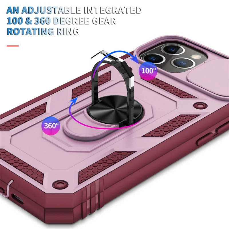 Kickstand Military Grade Drop Tested Hard PC Back + Soft TPU Edge Protective Case with Camera Lens Protector for iPhone 11 Pro Max 6.5 inch - Pink/Dark Red