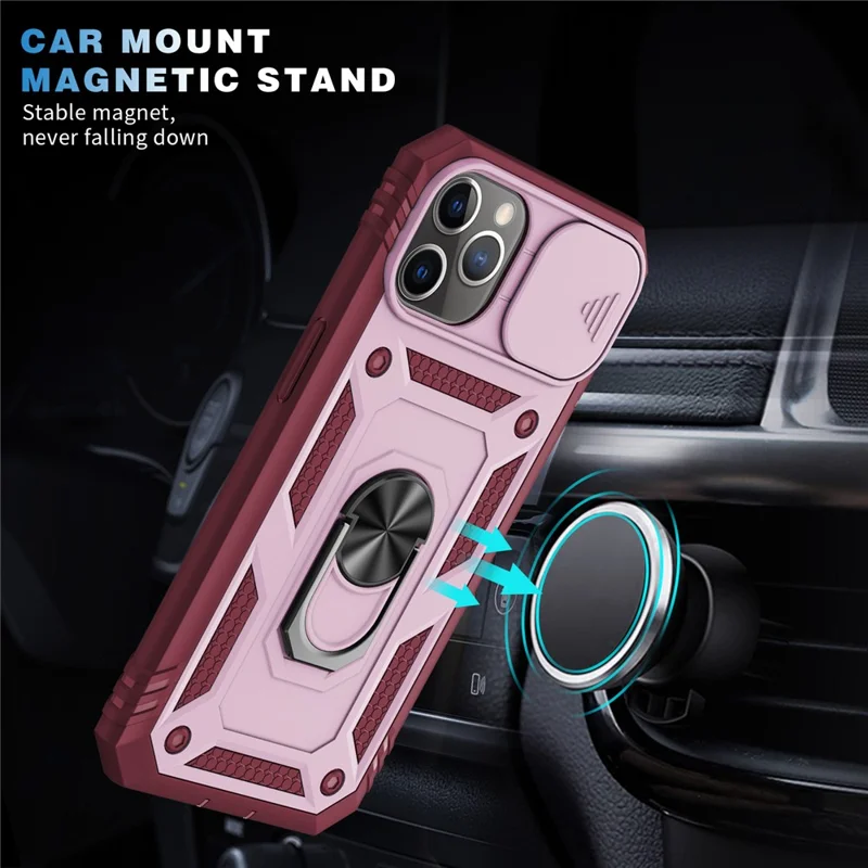 Kickstand Military Grade Drop Tested Hard PC Back + Soft TPU Edge Protective Case with Camera Lens Protector for iPhone 11 Pro Max 6.5 inch - Pink/Dark Red