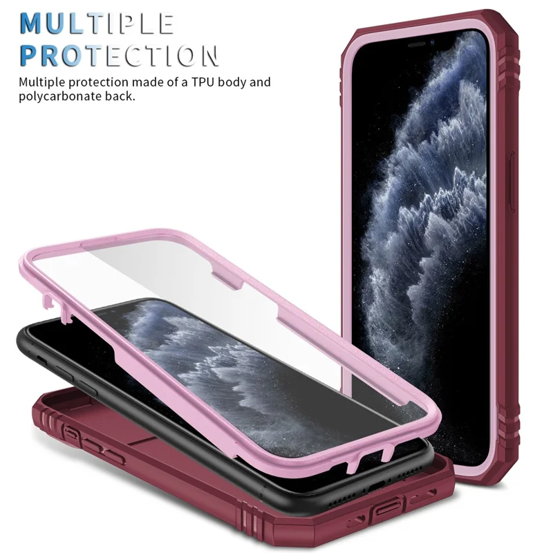 Kickstand Military Grade Drop Tested Hard PC Back + Soft TPU Edge Protective Case with Camera Lens Protector for iPhone 11 Pro Max 6.5 inch - Pink/Dark Red