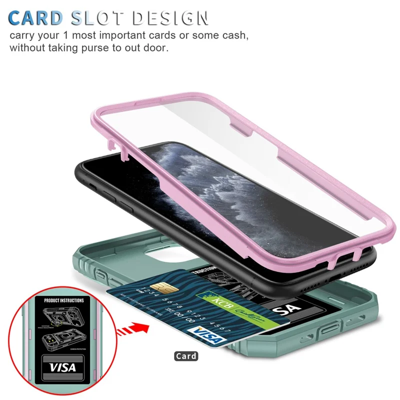 Kickstand Military Grade Drop Tested Hard PC Back + Soft TPU Edge Protective Case with Camera Lens Protector for iPhone 11 Pro Max 6.5 inch - Pink/Green