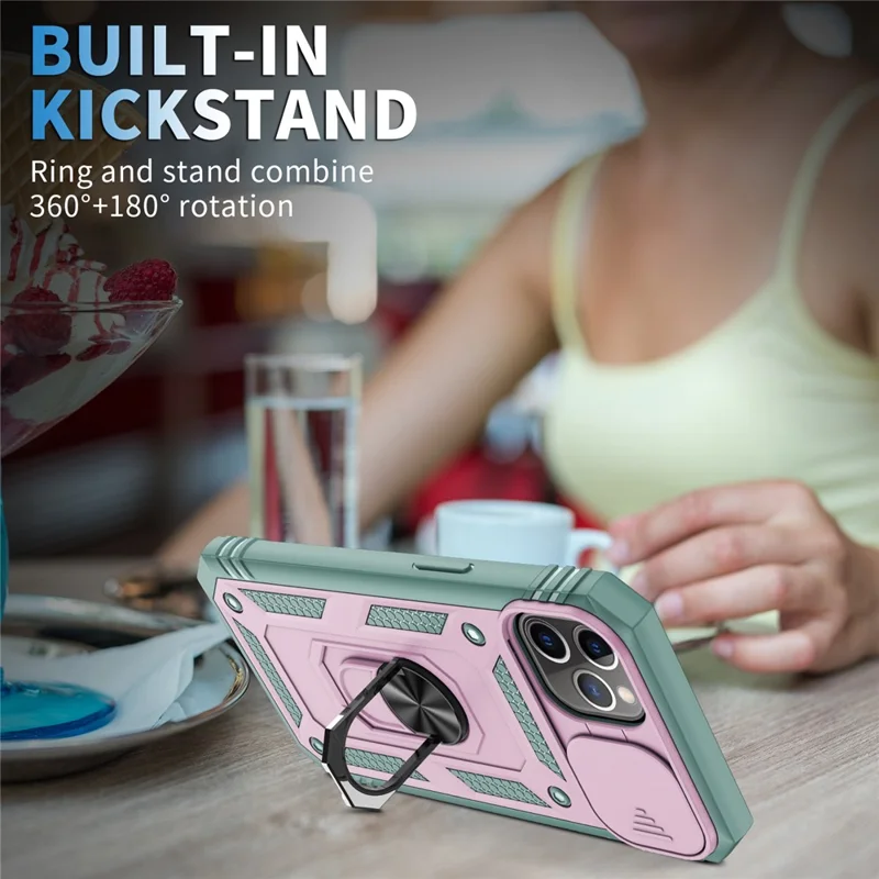 Kickstand Military Grade Drop Tested Hard PC Back + Soft TPU Edge Protective Case with Camera Lens Protector for iPhone 11 Pro Max 6.5 inch - Pink/Green