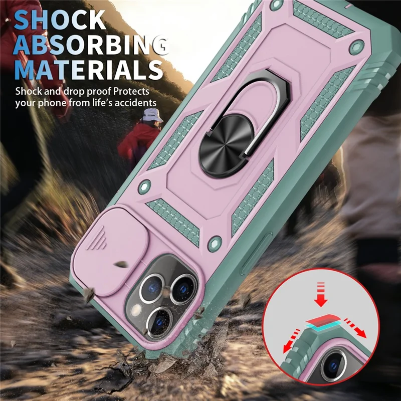 Kickstand Military Grade Drop Tested Hard PC Back + Soft TPU Edge Protective Case with Camera Lens Protector for iPhone 11 Pro Max 6.5 inch - Pink/Green