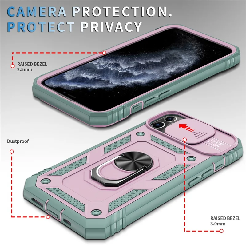 Kickstand Military Grade Drop Tested Hard PC Back + Soft TPU Edge Protective Case with Camera Lens Protector for iPhone 11 Pro Max 6.5 inch - Pink/Green
