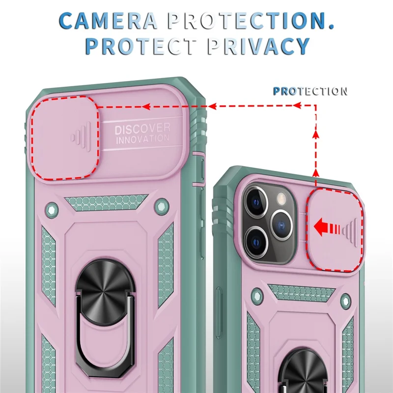 Kickstand Military Grade Drop Tested Hard PC Back + Soft TPU Edge Protective Case with Camera Lens Protector for iPhone 11 Pro Max 6.5 inch - Pink/Green