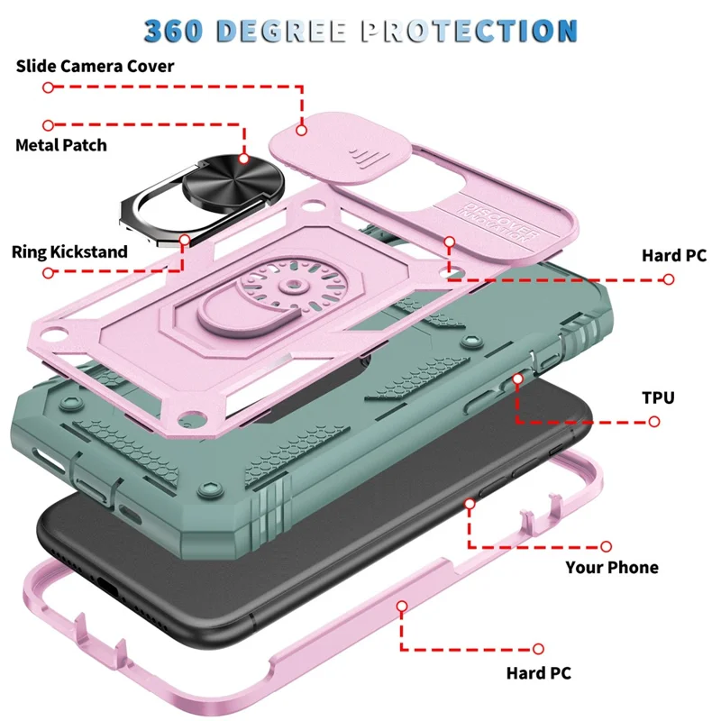 Kickstand Military Grade Drop Tested Hard PC Back + Soft TPU Edge Protective Case with Camera Lens Protector for iPhone 11 Pro Max 6.5 inch - Pink/Green