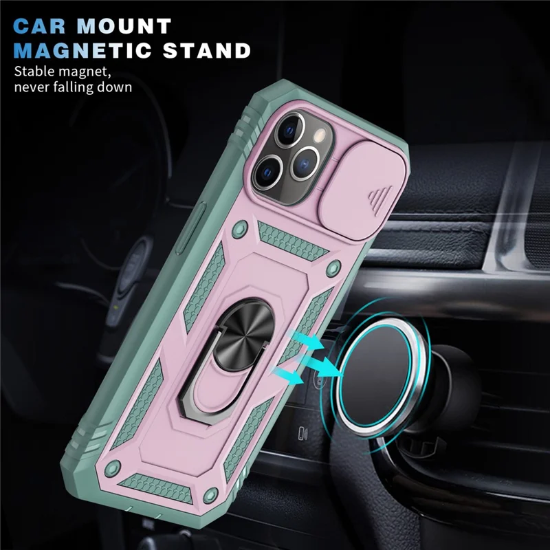 Kickstand Military Grade Drop Tested Hard PC Back + Soft TPU Edge Protective Case with Camera Lens Protector for iPhone 11 Pro Max 6.5 inch - Pink/Green