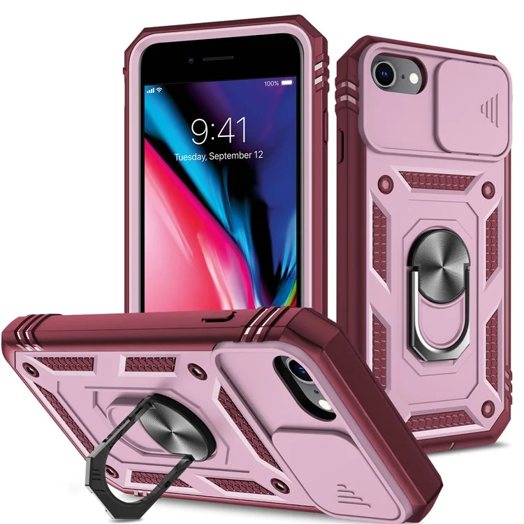 Anillo Kickstand Carcasa Dura de PC + Borde Blando de TPU Funda Protectora Antichoques con Cubierta para Cámara para iPhone 6 / SE (2022) / SE (2020) / 8/7 - Rosa / Rojo Oscuro