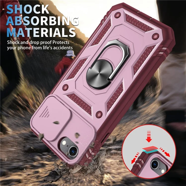 Anillo Kickstand Carcasa Dura de PC + Borde Blando de TPU Funda Protectora Antichoques con Cubierta para Cámara para iPhone 6 / SE (2022) / SE (2020) / 8/7 - Rosa / Rojo Oscuro