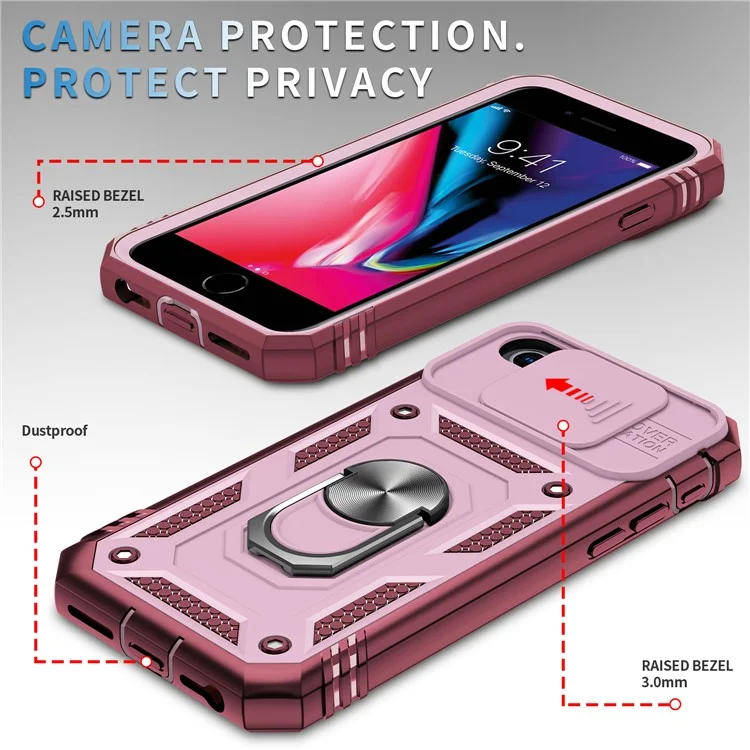 Anillo Kickstand Carcasa Dura de PC + Borde Blando de TPU Funda Protectora Antichoques con Cubierta para Cámara para iPhone 6 / SE (2022) / SE (2020) / 8/7 - Rosa / Rojo Oscuro