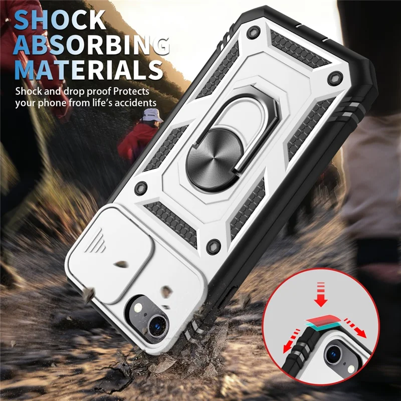 Ring Kickstand Hard PC Back + Soft TPU Edge Protective Shockproof Case with Camera Cover for iPhone 6 / SE (2022)/SE (2020)/8/7 - White/Black