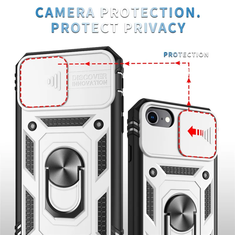 Ring Kickstand Hard PC Back + Soft TPU Edge Protective Shockproof Case with Camera Cover for iPhone 6 / SE (2022)/SE (2020)/8/7 - White/Black