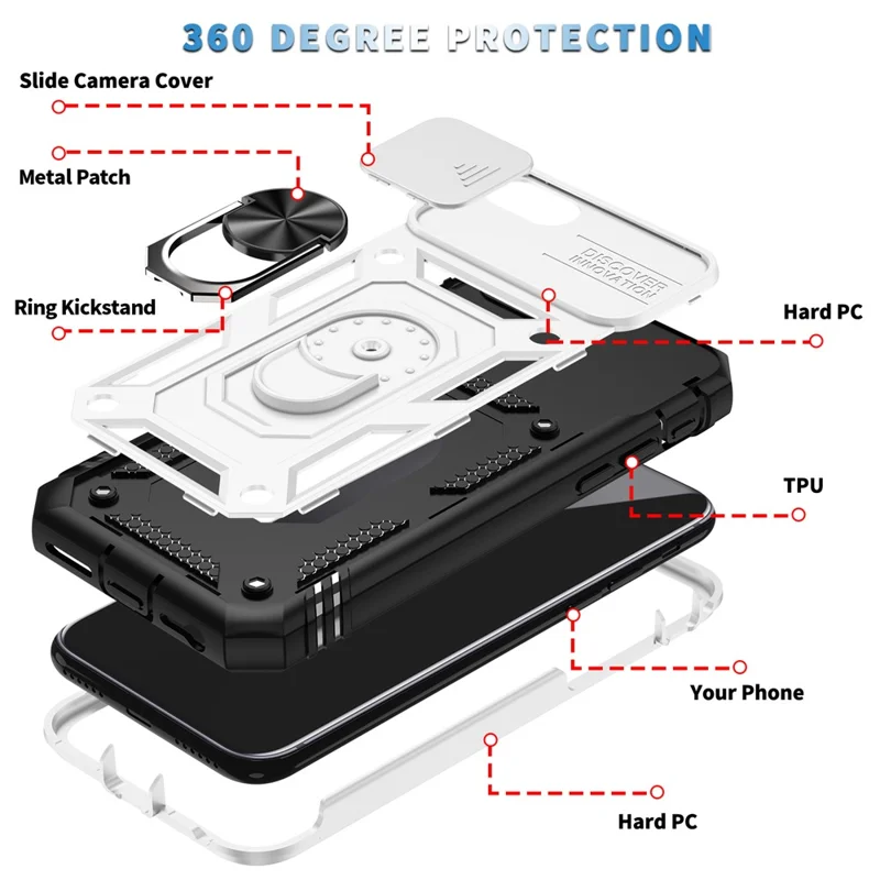 Ring Kickstand Hard PC Back + Soft TPU Edge Protective Shockproof Case with Camera Cover for iPhone 6 / SE (2022)/SE (2020)/8/7 - White/Black