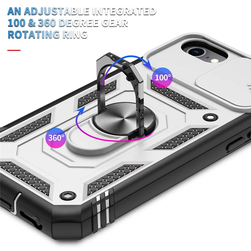 Ring Kickstand Hard PC Back + Soft TPU Edge Protective Shockproof Case with Camera Cover for iPhone 6 / SE (2022)/SE (2020)/8/7 - White/Black