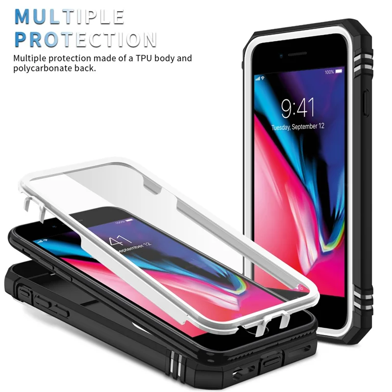 Ring Kickstand Hard PC Back + Soft TPU Edge Protective Shockproof Case with Camera Cover for iPhone 6 / SE (2022)/SE (2020)/8/7 - White/Black