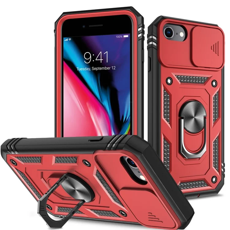 Anillo Soporte Duro PC Espalda + Blanda Borde TPU Funda Protectora a Prueba de Golpes con Cubierta de Cámara para iPhone 6 / SE (2022) / SE (2020) / 8/7 - Rojo/Negro