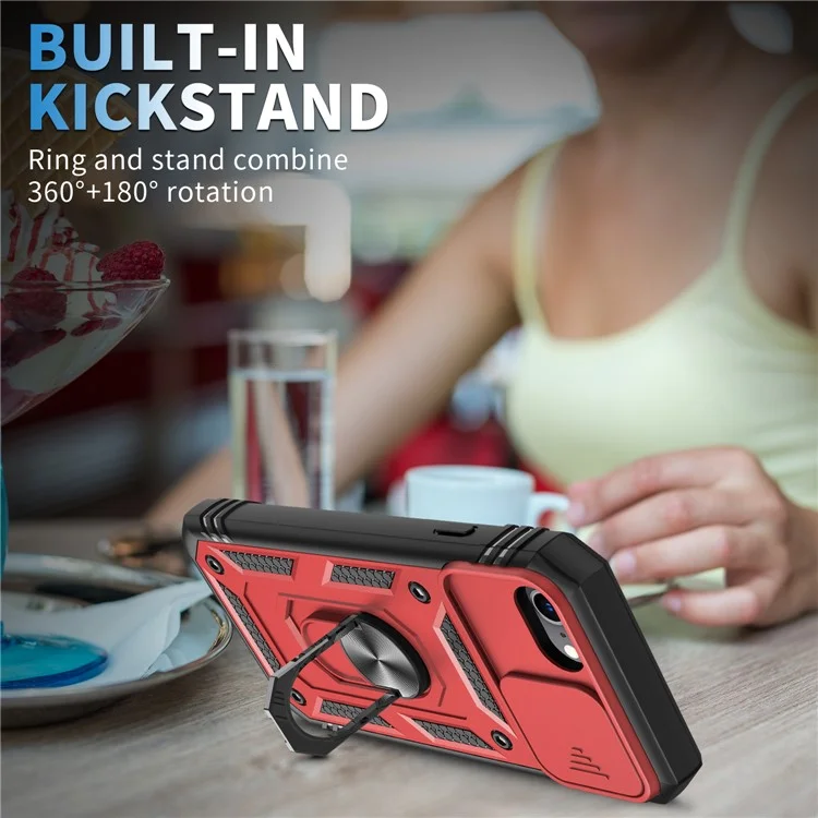 Anillo Soporte Duro PC Espalda + Blanda Borde TPU Funda Protectora a Prueba de Golpes con Cubierta de Cámara para iPhone 6 / SE (2022) / SE (2020) / 8/7 - Rojo/Negro