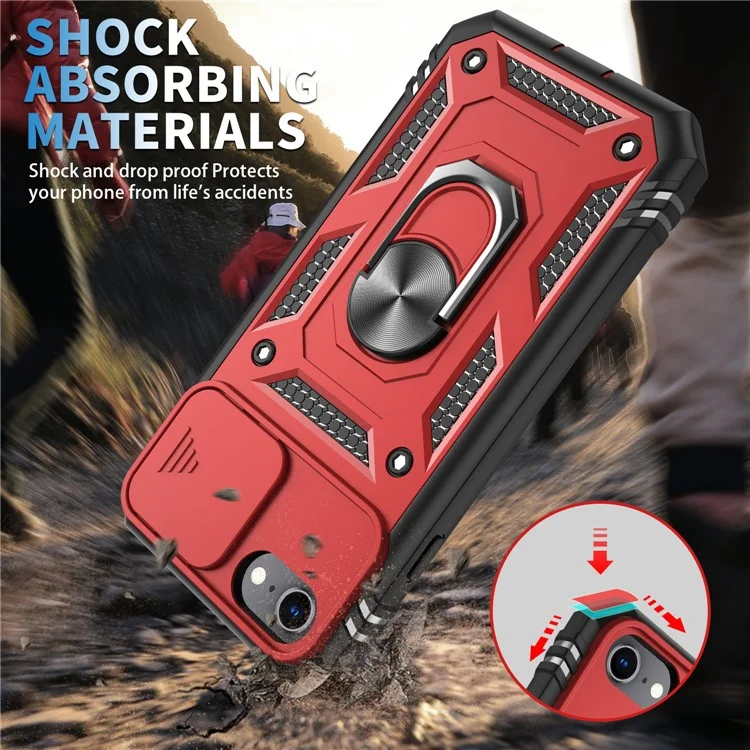 Anillo Soporte Duro PC Espalda + Blanda Borde TPU Funda Protectora a Prueba de Golpes con Cubierta de Cámara para iPhone 6 / SE (2022) / SE (2020) / 8/7 - Rojo/Negro