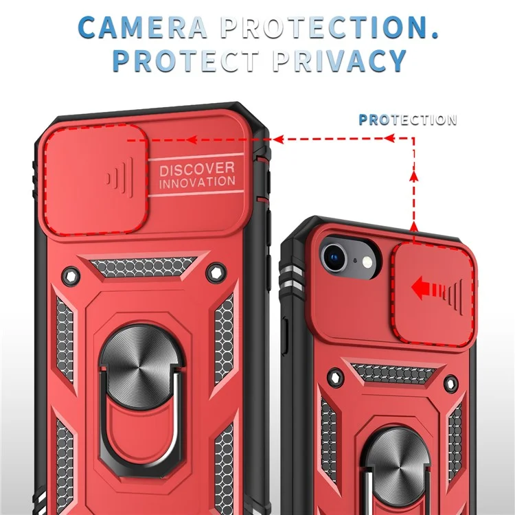 Anillo Soporte Duro PC Espalda + Blanda Borde TPU Funda Protectora a Prueba de Golpes con Cubierta de Cámara para iPhone 6 / SE (2022) / SE (2020) / 8/7 - Rojo/Negro