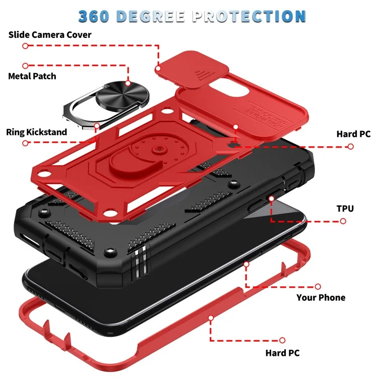Anillo Soporte Duro PC Espalda + Blanda Borde TPU Funda Protectora a Prueba de Golpes con Cubierta de Cámara para iPhone 6 / SE (2022) / SE (2020) / 8/7 - Rojo/Negro