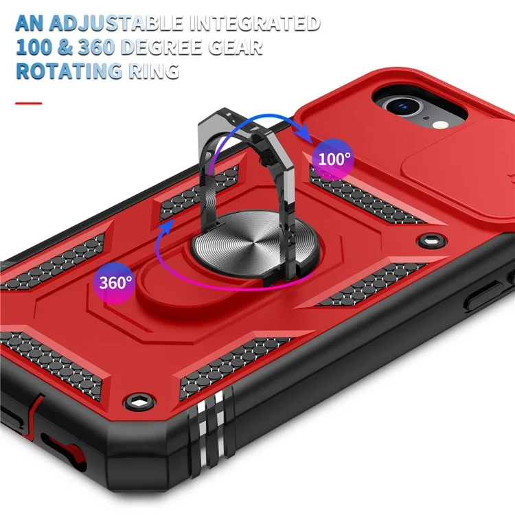 Anillo Soporte Duro PC Espalda + Blanda Borde TPU Funda Protectora a Prueba de Golpes con Cubierta de Cámara para iPhone 6 / SE (2022) / SE (2020) / 8/7 - Rojo/Negro