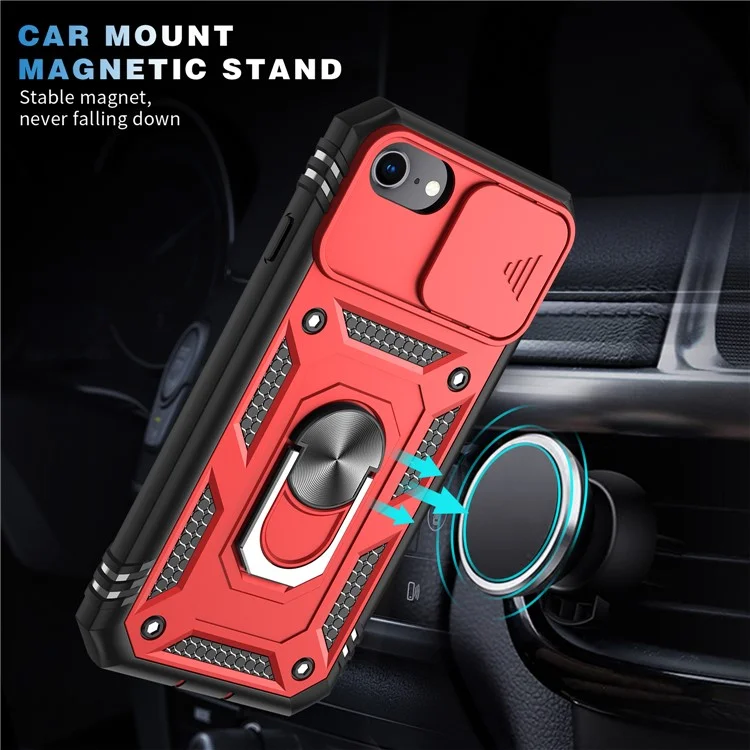 Anillo Soporte Duro PC Espalda + Blanda Borde TPU Funda Protectora a Prueba de Golpes con Cubierta de Cámara para iPhone 6 / SE (2022) / SE (2020) / 8/7 - Rojo/Negro