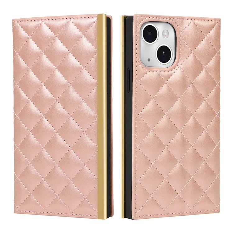Grid Texture Folio Flip Wallet Stand Leather Phone Cover Case Handbag with Mirror Design for iPhone 13 6.1 inch - Rose Gold