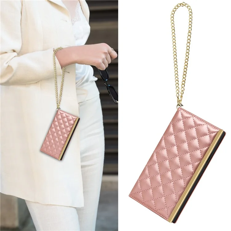 Grid Texture Folio Flip Wallet Stand Leather Phone Cover Case Handbag with Mirror Design for iPhone 13 6.1 inch - Rose Gold