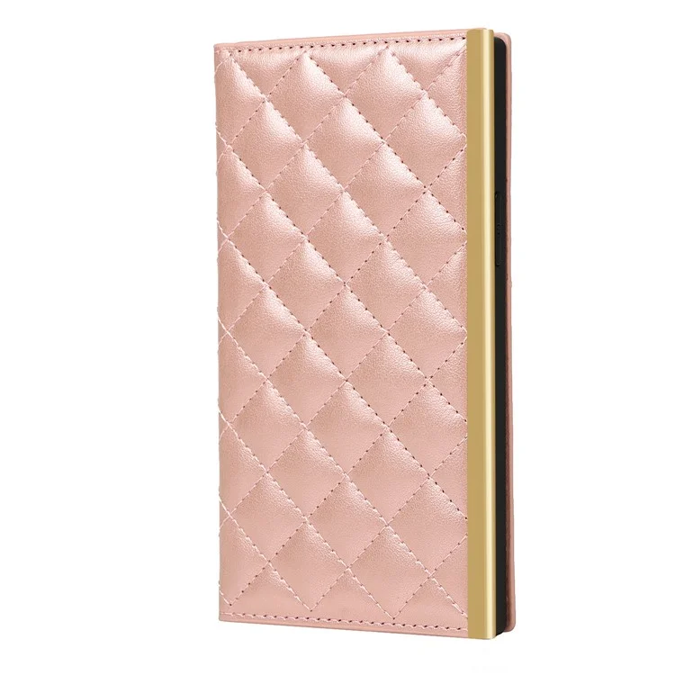 Grid Texture Folio Flip Wallet Stand Leather Phone Cover Case Handbag with Mirror Design for iPhone 13 6.1 inch - Rose Gold