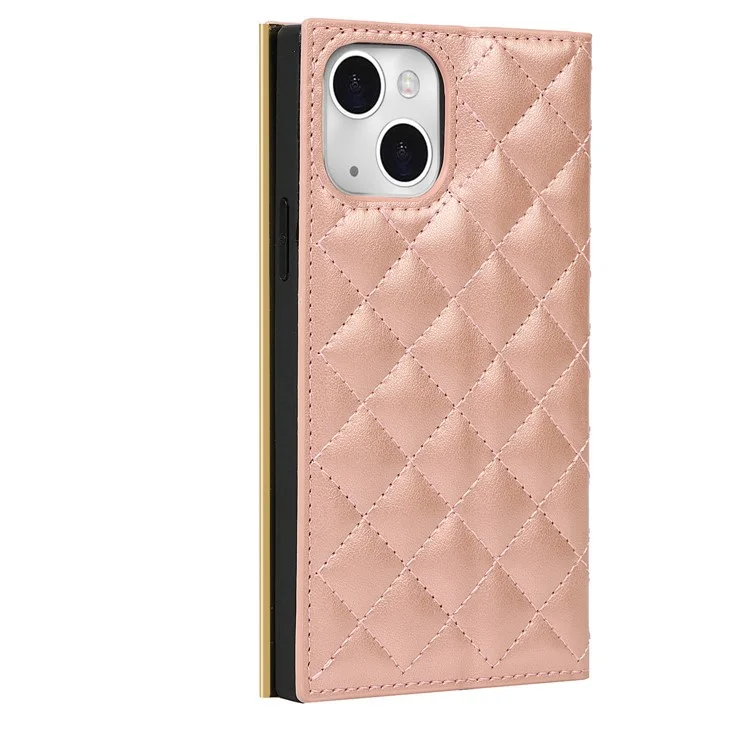 Grid Texture Folio Flip Wallet Stand Leather Phone Cover Case Handbag with Mirror Design for iPhone 13 6.1 inch - Rose Gold