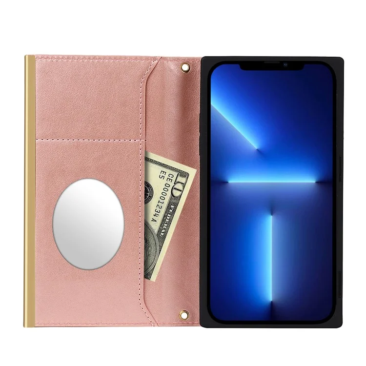 Grid Texture Folio Flip Wallet Stand Leather Phone Cover Case Handbag with Mirror Design for iPhone 13 6.1 inch - Rose Gold
