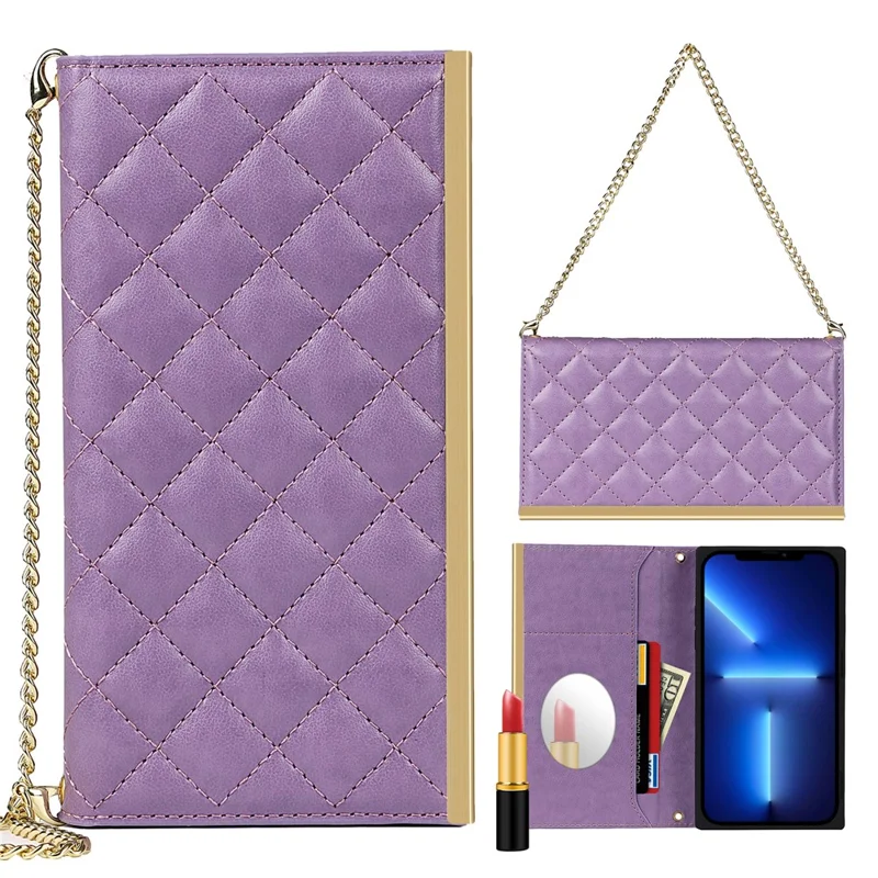 Grid Texture Folio Flip Wallet Stand Leather Phone Cover Case Handbag with Mirror Design for iPhone 13 6.1 inch - Purple