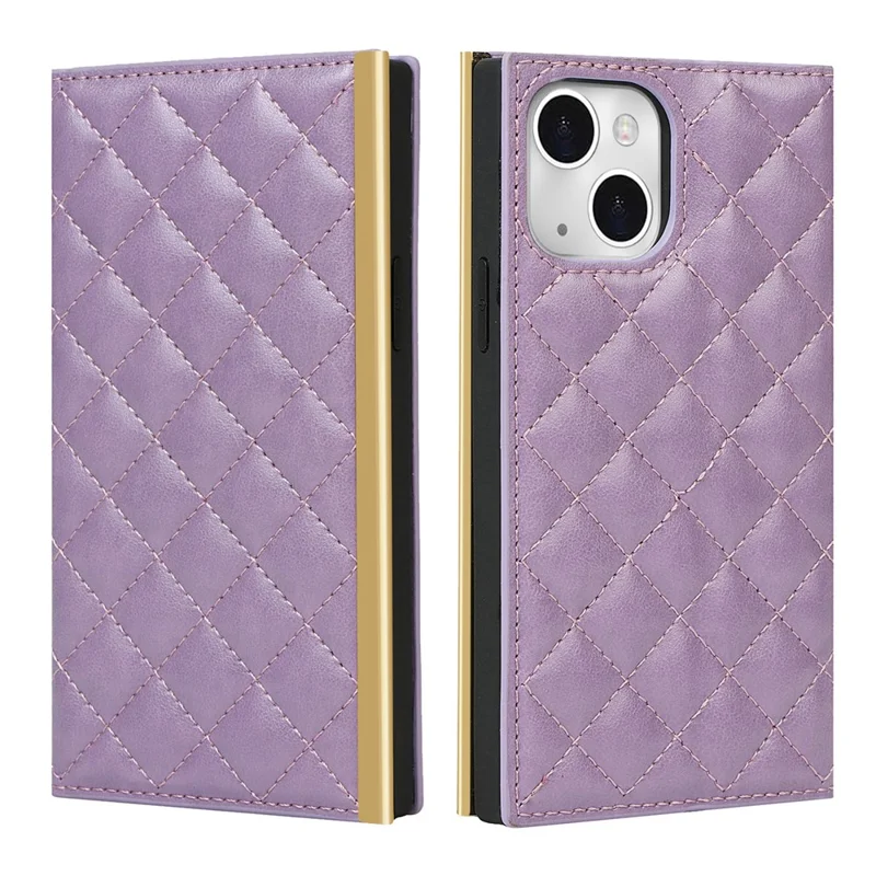 Grid Texture Folio Flip Wallet Stand Leather Phone Cover Case Handbag with Mirror Design for iPhone 13 6.1 inch - Purple