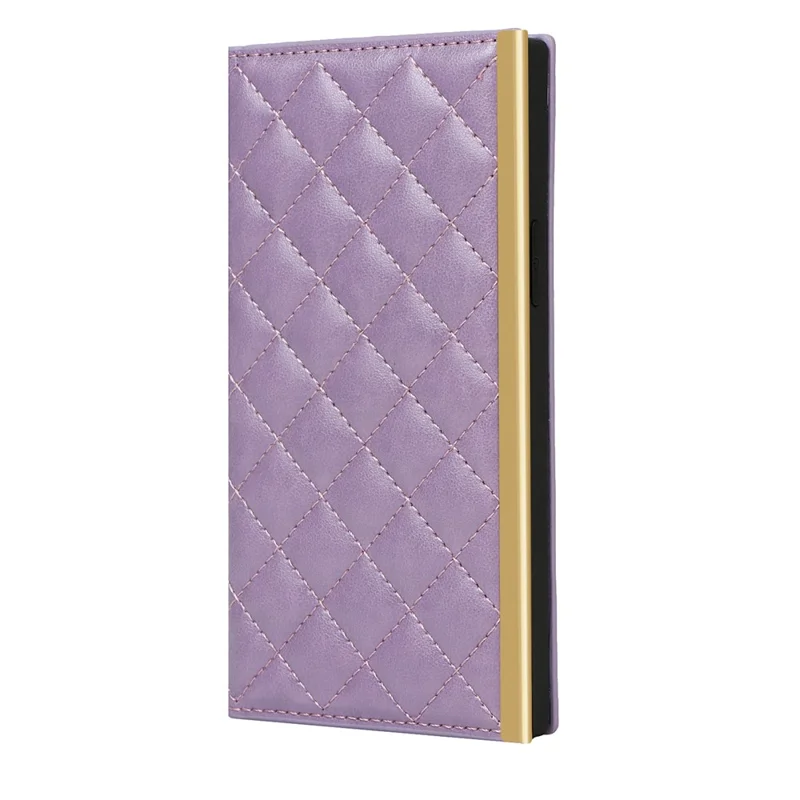 Grid Texture Folio Flip Wallet Stand Leather Phone Cover Case Handbag with Mirror Design for iPhone 13 6.1 inch - Purple