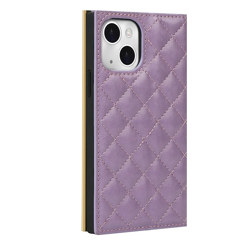 Grid Texture Folio Flip Wallet Stand Leather Phone Cover Case Handbag with Mirror Design for iPhone 13 6.1 inch - Purple