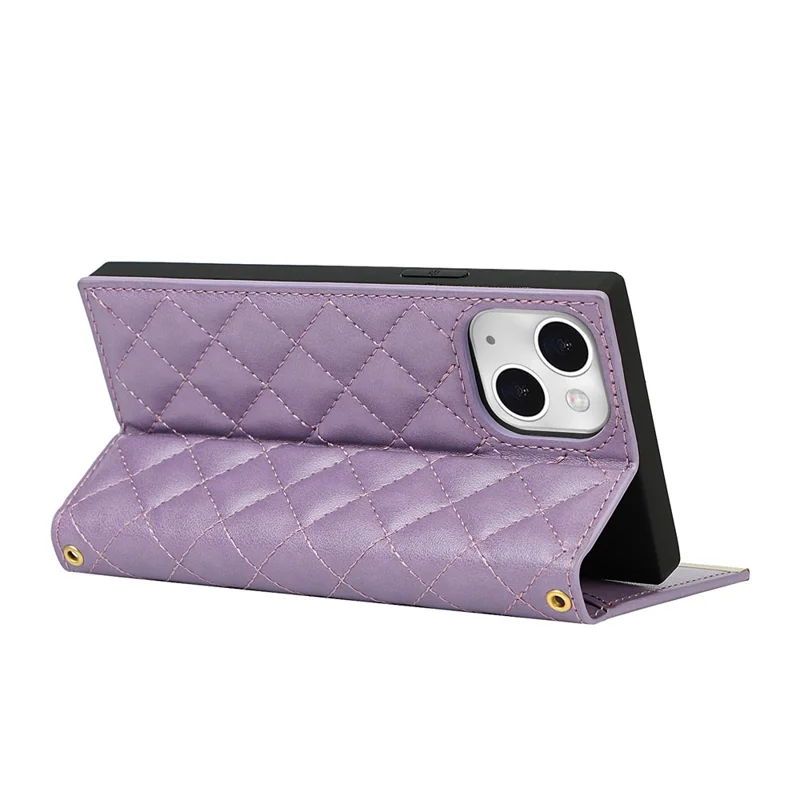 Grid Texture Folio Flip Wallet Stand Leather Phone Cover Case Handbag with Mirror Design for iPhone 13 6.1 inch - Purple
