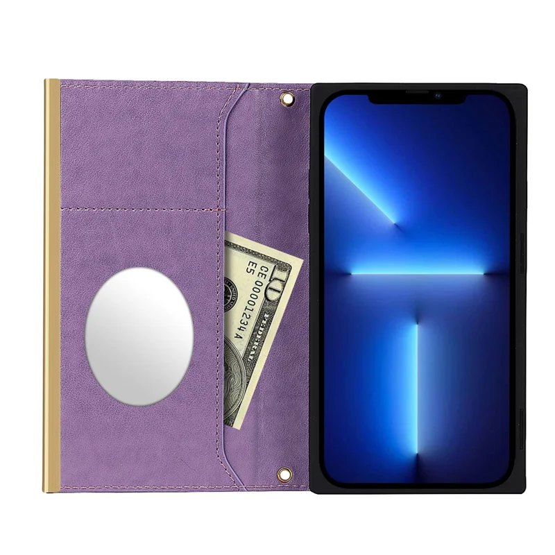 Grid Texture Folio Flip Wallet Stand Leather Phone Cover Case Handbag with Mirror Design for iPhone 13 6.1 inch - Purple