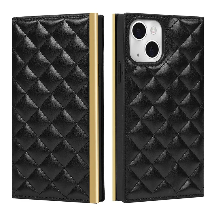 Función de Espejo de Textura de la Cuadrícula PU Cuero Stand de la Billetera de la Funda Del Teléfono Bolso Manual Para Iphone 13 Mini 5.4 Pulgadas - Negro