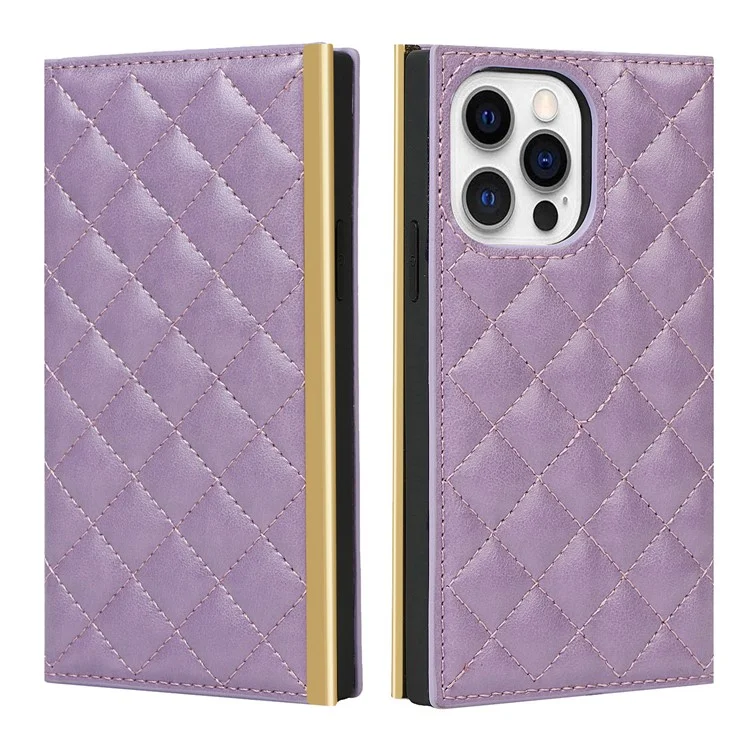 Shockproof Case Grid Texture Phone Bag Leather Hand Bag with Makeup Mirror for iPhone 13 Pro 6.1 inch - Purple