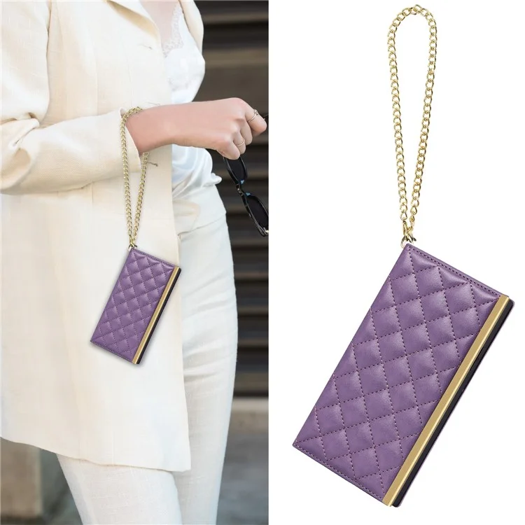 Shockproof Case Grid Texture Phone Bag Leather Hand Bag with Makeup Mirror for iPhone 13 Pro 6.1 inch - Purple