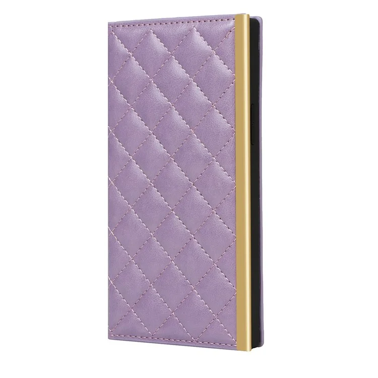 Shockproof Case Grid Texture Phone Bag Leather Hand Bag with Makeup Mirror for iPhone 13 Pro 6.1 inch - Purple