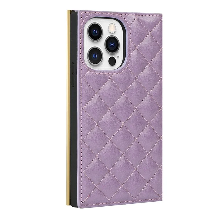 Shockproof Case Grid Texture Phone Bag Leather Hand Bag with Makeup Mirror for iPhone 13 Pro 6.1 inch - Purple