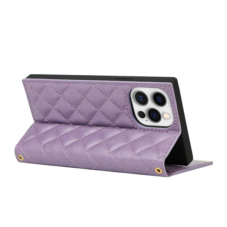 Shockproof Case Grid Texture Phone Bag Leather Hand Bag with Makeup Mirror for iPhone 13 Pro 6.1 inch - Purple
