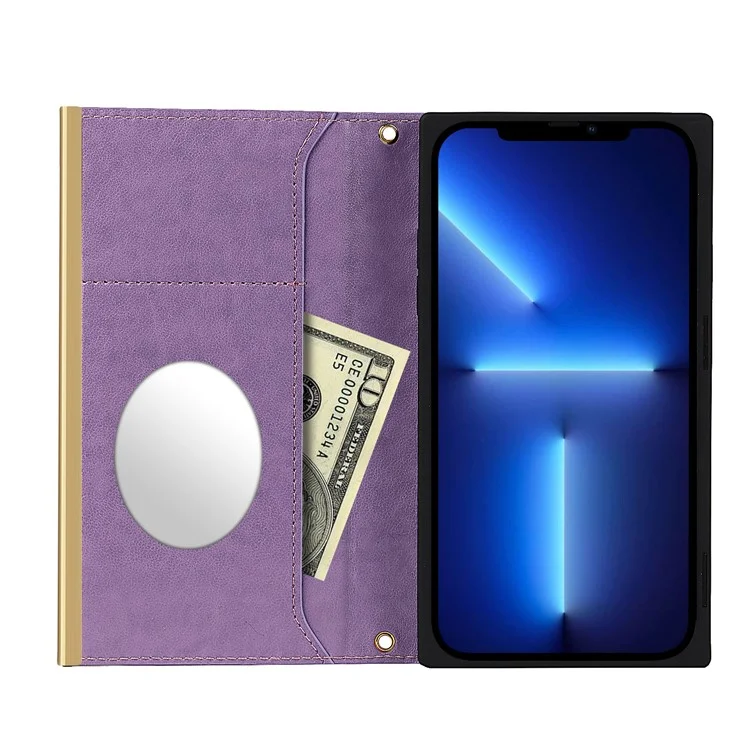Shockproof Case Grid Texture Phone Bag Leather Hand Bag with Makeup Mirror for iPhone 13 Pro 6.1 inch - Purple