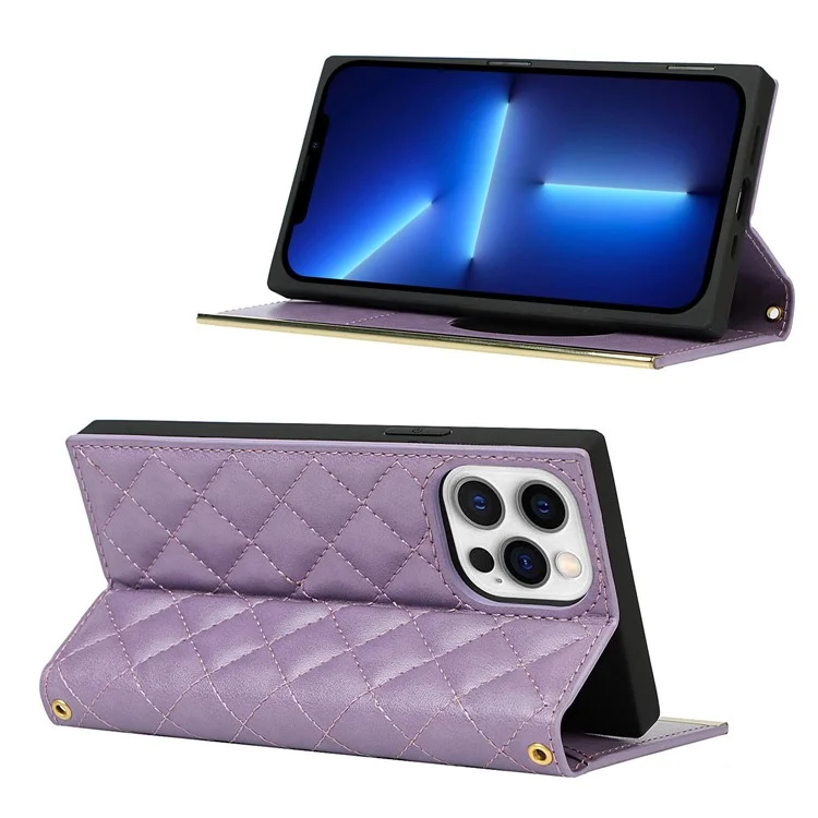 Shockproof Case Grid Texture Phone Bag Leather Hand Bag with Makeup Mirror for iPhone 13 Pro 6.1 inch - Purple