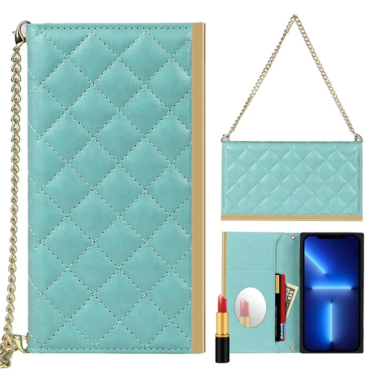 Für Iphone 13 Mini 5,4 Cm Telefon Case Gitter Textur Telefon Tasche Leder Handtasche Mit Make-upspiegel - Zyan
