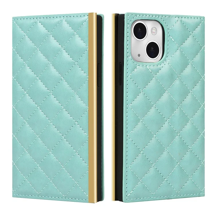 Für Iphone 13 Mini 5,4 Cm Telefon Case Gitter Textur Telefon Tasche Leder Handtasche Mit Make-upspiegel - Zyan